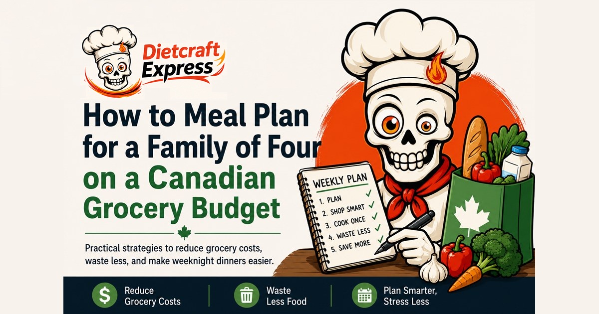 How to meal plan for a family of four on a Canadian grocery budget — the Dietcraft Express skull chef with a weekly plan and groceries