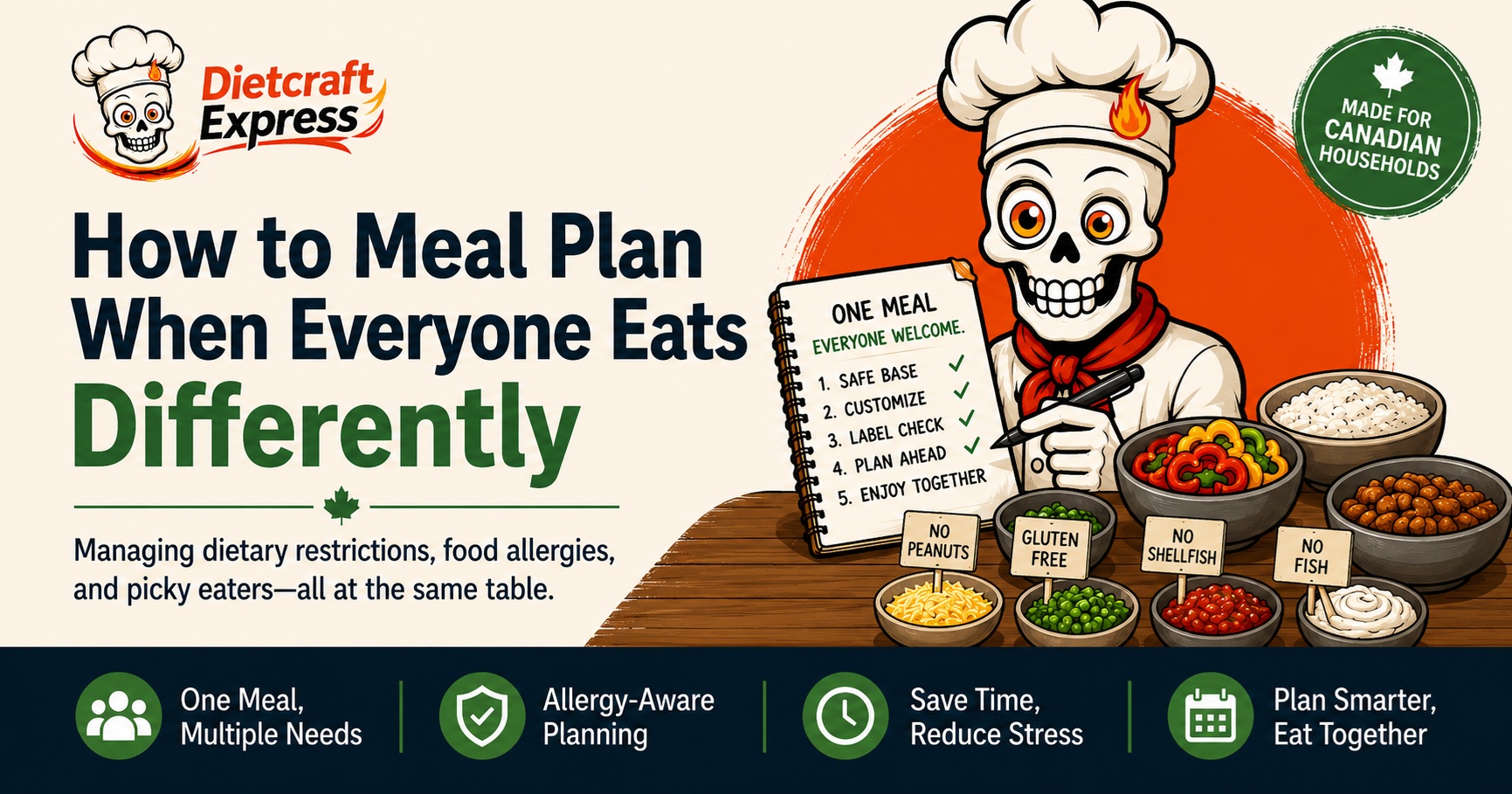 How to meal plan when everyone eats differently — the Dietcraft Express skull chef with a one-meal-everyone-welcome plan and bowls of allergen-safe toppings