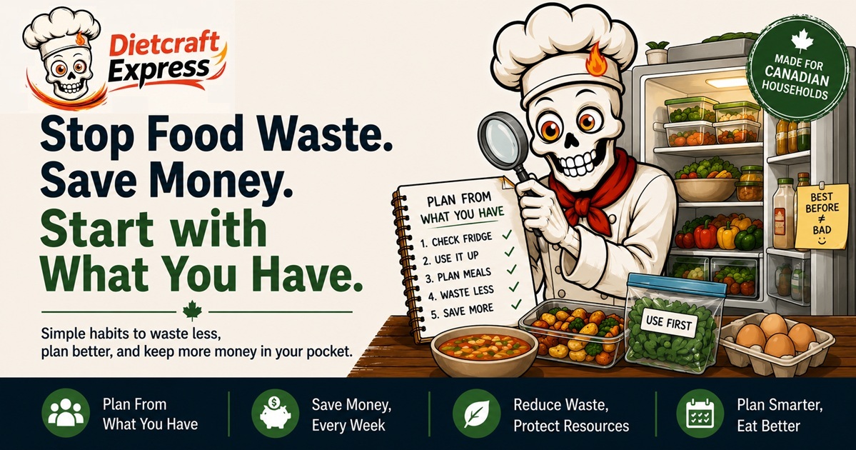 Why Canadian households throw out $3,872 in food every year — the Dietcraft Express skull chef inspecting a full fridge with a plan-from-what-you-have checklist and a use-first bag of vegetables