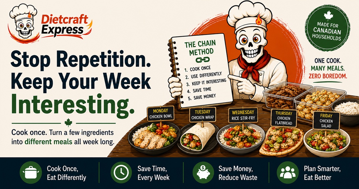 Meal prepping for beginners — the Dietcraft Express skull chef presenting the chain method, with one cook session turned into five different weekday meals: a chicken bowl, a chicken wrap, a rice stir-fry, a chicken flatbread and a chicken salad