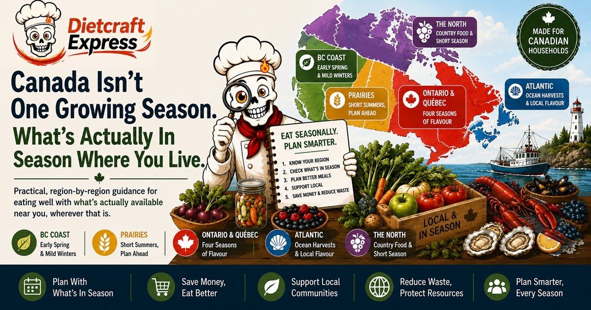 What&rsquo;s actually in season across Canada &mdash; the Dietcraft Express skull chef with a map of the five growing regions: BC Coast early spring and mild winters, Prairies short summers, Ontario and Qu&eacute;bec four seasons, Atlantic ocean harvests, and the North country food and a short season