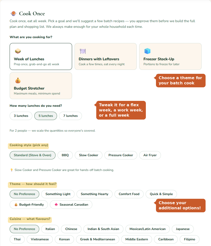 Cook Once: choose a batch-cooking theme, set how many meals you need, then set cooking style, theme and cuisine.