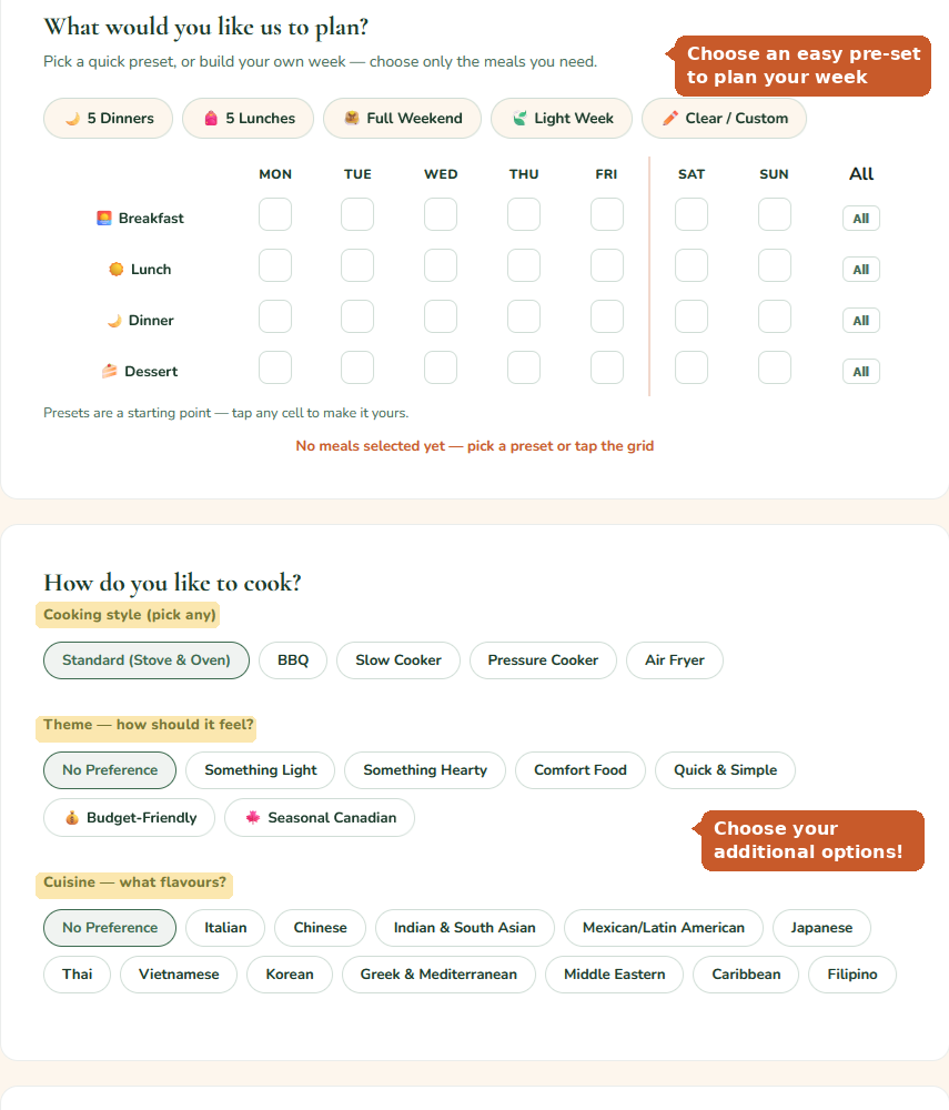 Plan My Week: pick an easy preset or build your own week on the meal grid, then set cooking style, theme and cuisine.